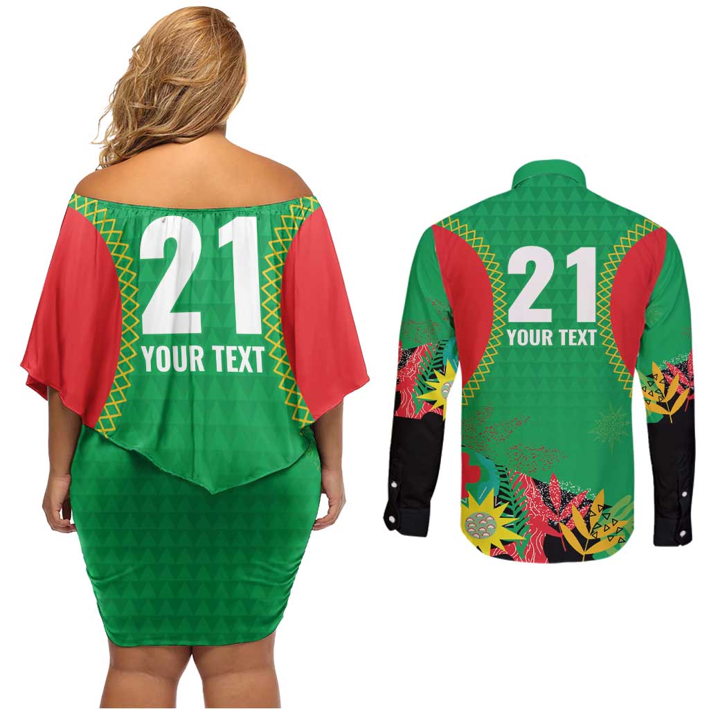 Custom Caribbean Cricket St Kitts and Nevis Couples Matching Off Shoulder Short Dress and Long Sleeve Button Shirt Two Islands One Fire Patriots Crown 2025 - Green - Wonder Print Shop