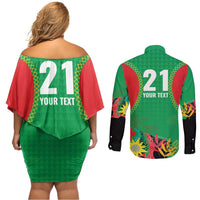 Custom Caribbean Cricket St Kitts and Nevis Couples Matching Off Shoulder Short Dress and Long Sleeve Button Shirt Two Islands One Fire Patriots Crown 2025 - Green - Wonder Print Shop