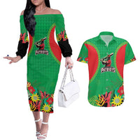 Custom Caribbean Cricket St Kitts and Nevis Couples Matching Off The Shoulder Long Sleeve Dress and Hawaiian Shirt Two Islands One Fire Patriots Crown 2025 - Green - Wonder Print Shop