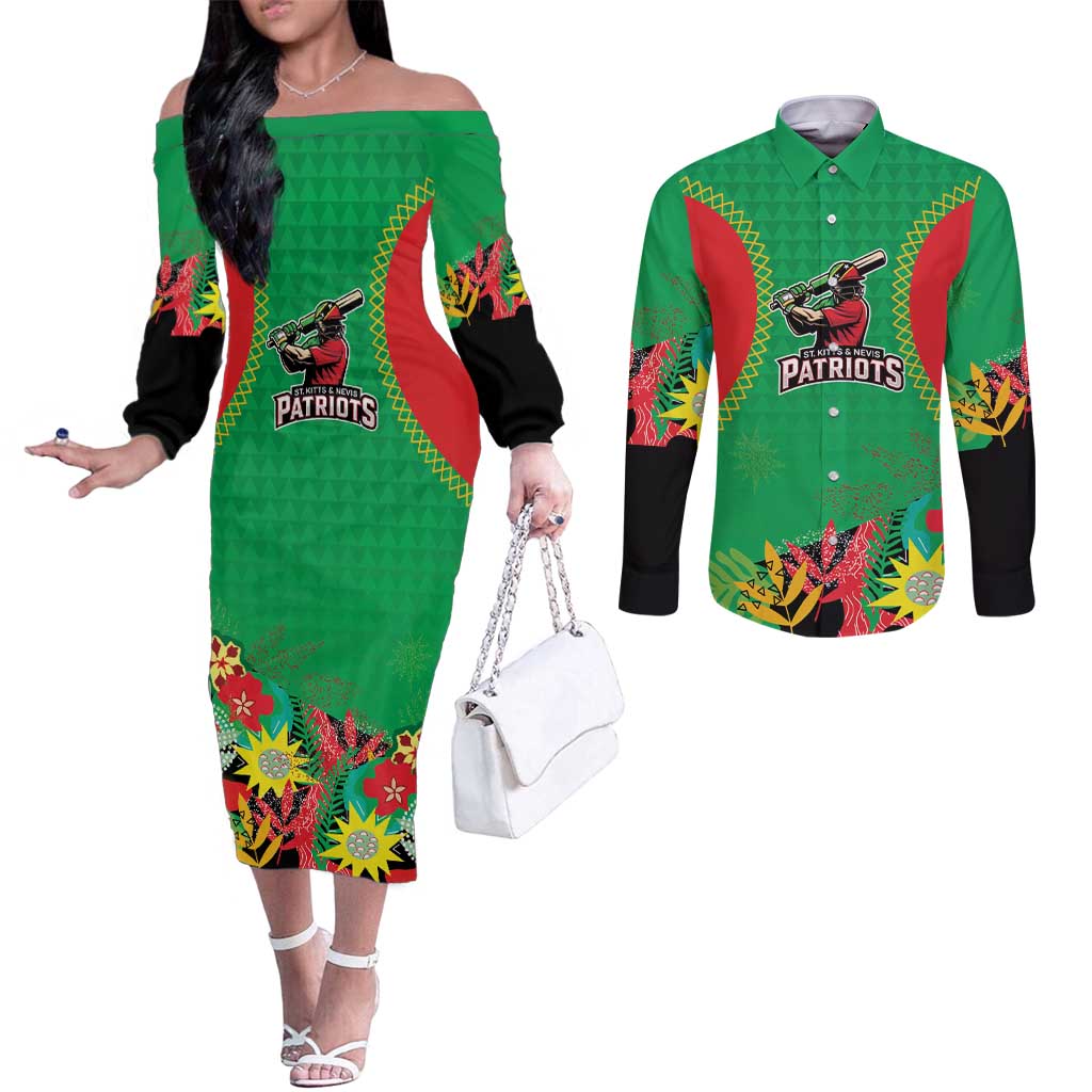 Custom Caribbean Cricket St Kitts and Nevis Couples Matching Off The Shoulder Long Sleeve Dress and Long Sleeve Button Shirt Two Islands One Fire Patriots Crown 2025 - Green - Wonder Print Shop
