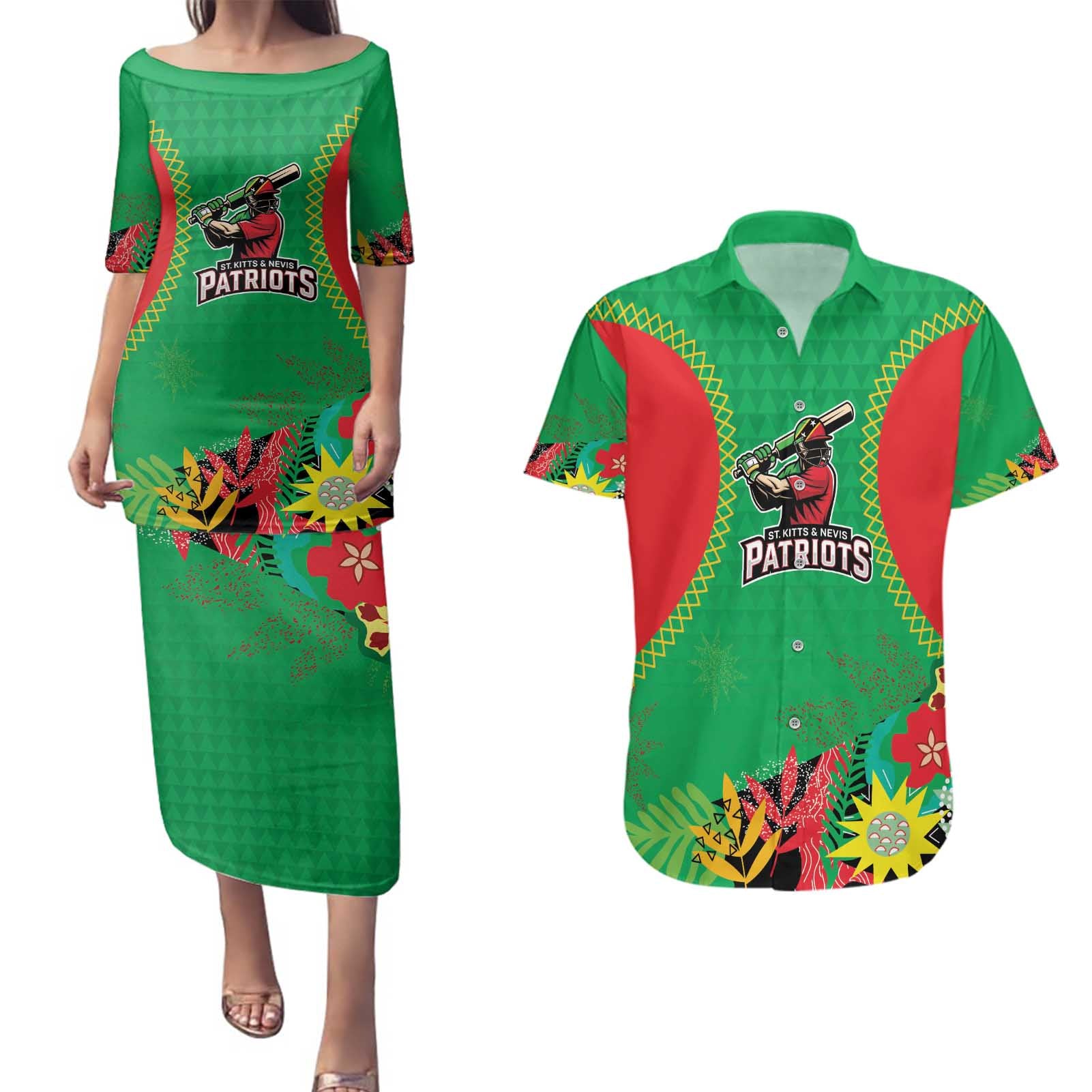 Custom Caribbean Cricket St Kitts and Nevis Couples Matching Puletasi and Hawaiian Shirt Two Islands One Fire Patriots Crown 2025 - Green - Wonder Print Shop