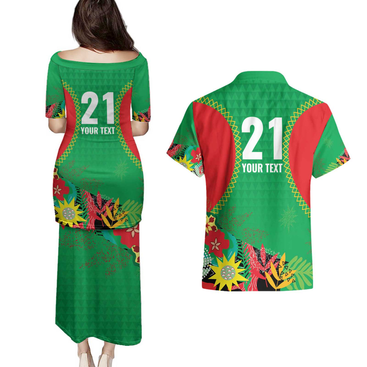 Custom Caribbean Cricket St Kitts and Nevis Couples Matching Puletasi and Hawaiian Shirt Two Islands One Fire Patriots Crown 2025 - Green - Wonder Print Shop