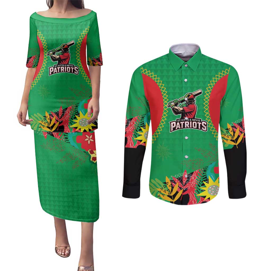 Custom Caribbean Cricket St Kitts and Nevis Couples Matching Puletasi and Long Sleeve Button Shirt Two Islands One Fire Patriots Crown 2025 - Green - Wonder Print Shop