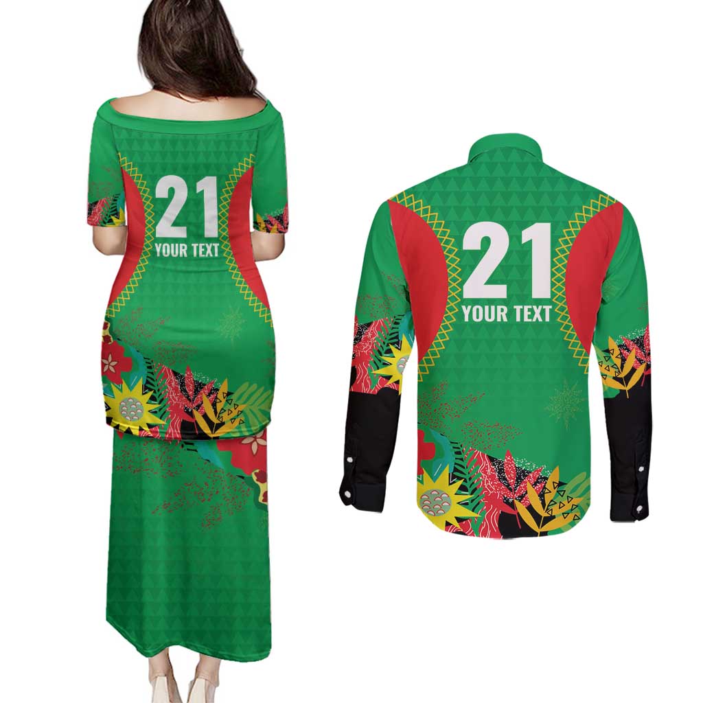 Custom Caribbean Cricket St Kitts and Nevis Couples Matching Puletasi and Long Sleeve Button Shirt Two Islands One Fire Patriots Crown 2025 - Green - Wonder Print Shop