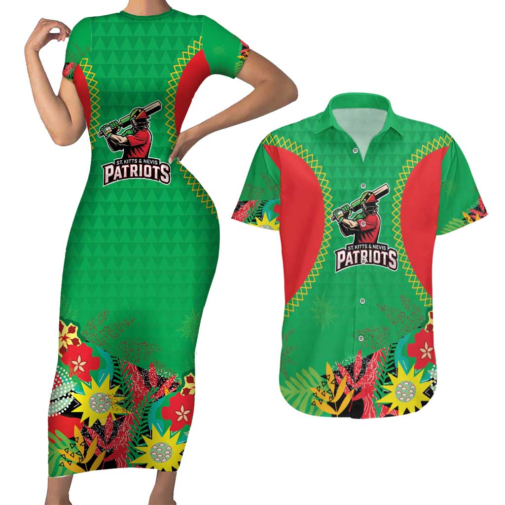 Custom Caribbean Cricket St Kitts and Nevis Couples Matching Short Sleeve Bodycon Dress and Hawaiian Shirt Two Islands One Fire Patriots Crown 2025 - Green - Wonder Print Shop