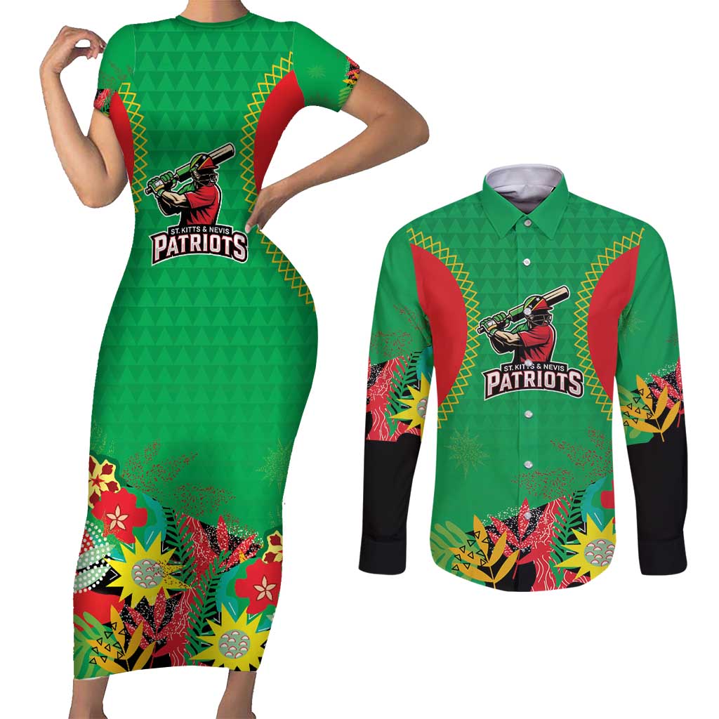 Custom Caribbean Cricket St Kitts and Nevis Couples Matching Short Sleeve Bodycon Dress and Long Sleeve Button Shirt Two Islands One Fire Patriots Crown 2025 - Green - Wonder Print Shop