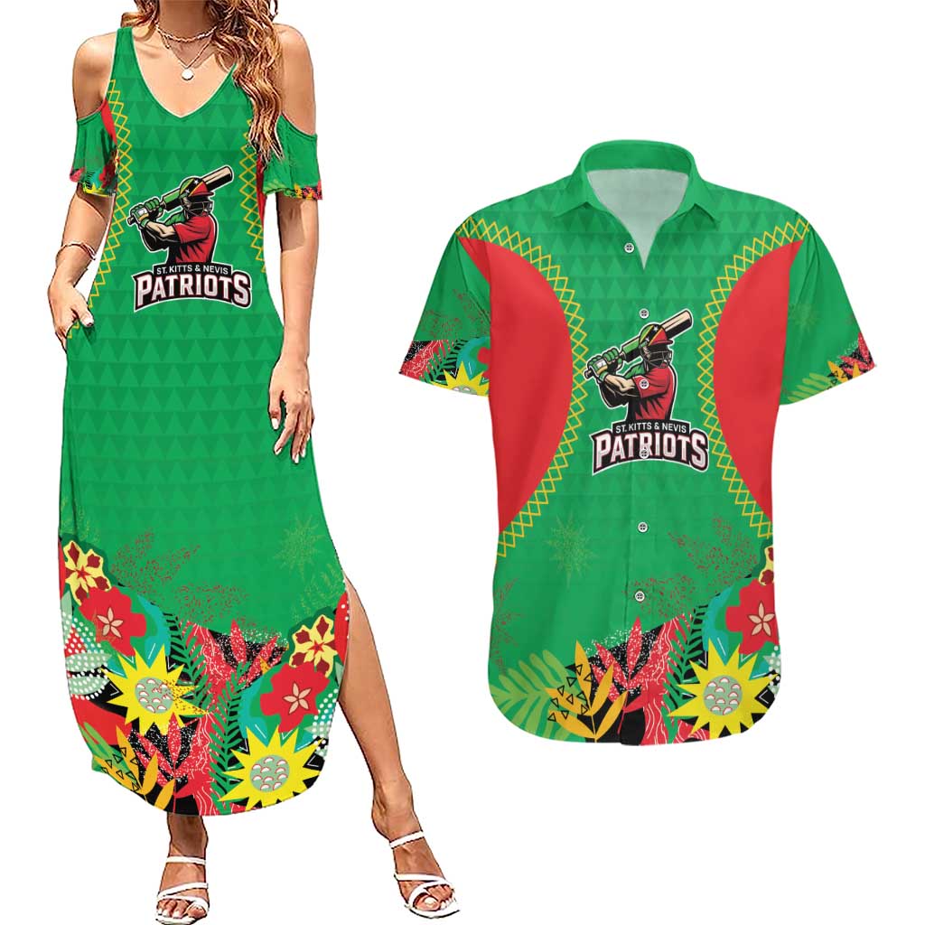 Custom Caribbean Cricket St Kitts and Nevis Couples Matching Summer Maxi Dress and Hawaiian Shirt Two Islands One Fire Patriots Crown 2025 - Green - Wonder Print Shop