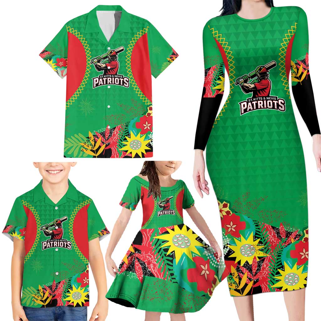 Custom Caribbean Cricket St Kitts and Nevis Family Matching Long Sleeve Bodycon Dress and Hawaiian Shirt Two Islands One Fire Patriots Crown 2025 - Green - Wonder Print Shop