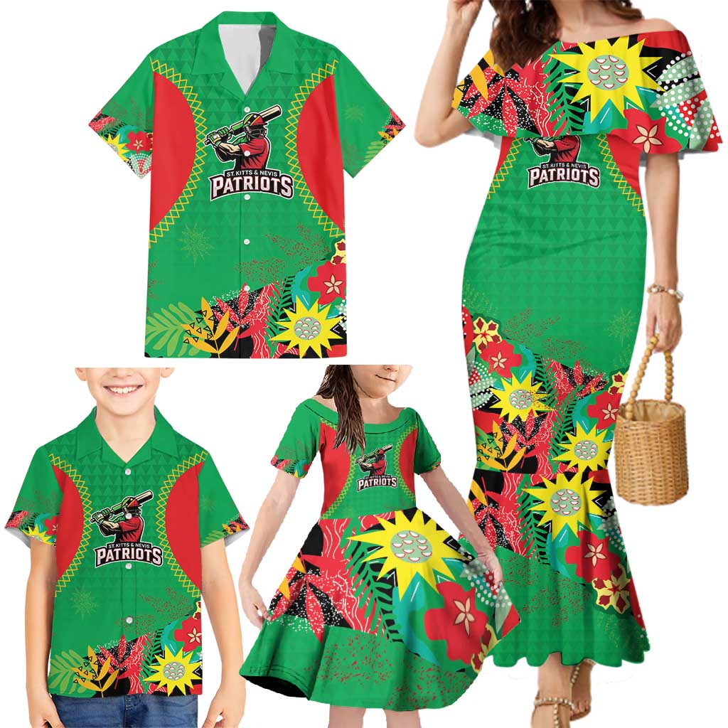Custom Caribbean Cricket St Kitts and Nevis Family Matching Mermaid Dress and Hawaiian Shirt Two Islands One Fire Patriots Crown 2025 - Green - Wonder Print Shop