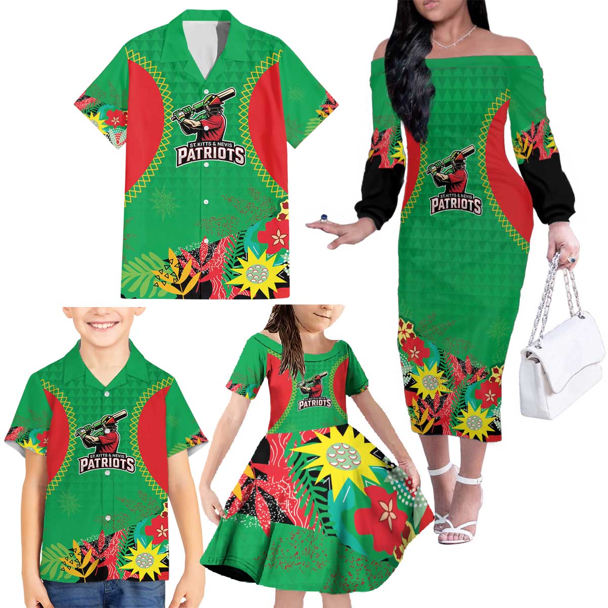 Custom Caribbean Cricket St Kitts and Nevis Family Matching Off The Shoulder Long Sleeve Dress and Hawaiian Shirt Two Islands One Fire Patriots Crown 2025 - Green - Wonder Print Shop