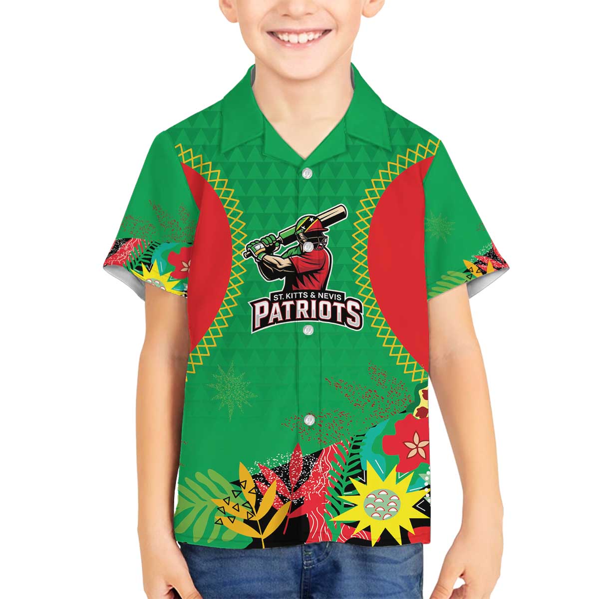 Custom Caribbean Cricket St Kitts and Nevis Family Matching Off The Shoulder Long Sleeve Dress and Hawaiian Shirt Two Islands One Fire Patriots Crown 2025 - Green - Wonder Print Shop