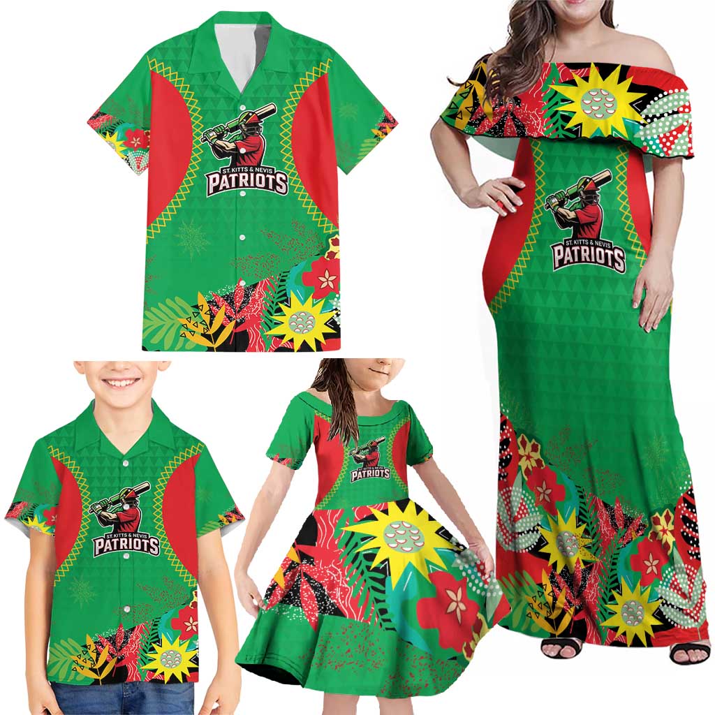 Custom Caribbean Cricket St Kitts and Nevis Family Matching Off Shoulder Maxi Dress and Hawaiian Shirt Two Islands One Fire Patriots Crown 2025 - Green - Wonder Print Shop