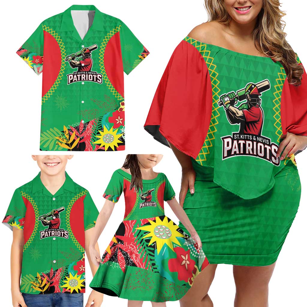 Custom Caribbean Cricket St Kitts and Nevis Family Matching Off Shoulder Short Dress and Hawaiian Shirt Two Islands One Fire Patriots Crown 2025 - Green - Wonder Print Shop