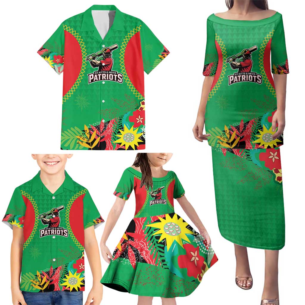 Custom Caribbean Cricket St Kitts and Nevis Family Matching Puletasi and Hawaiian Shirt Two Islands One Fire Patriots Crown 2025 - Green - Wonder Print Shop