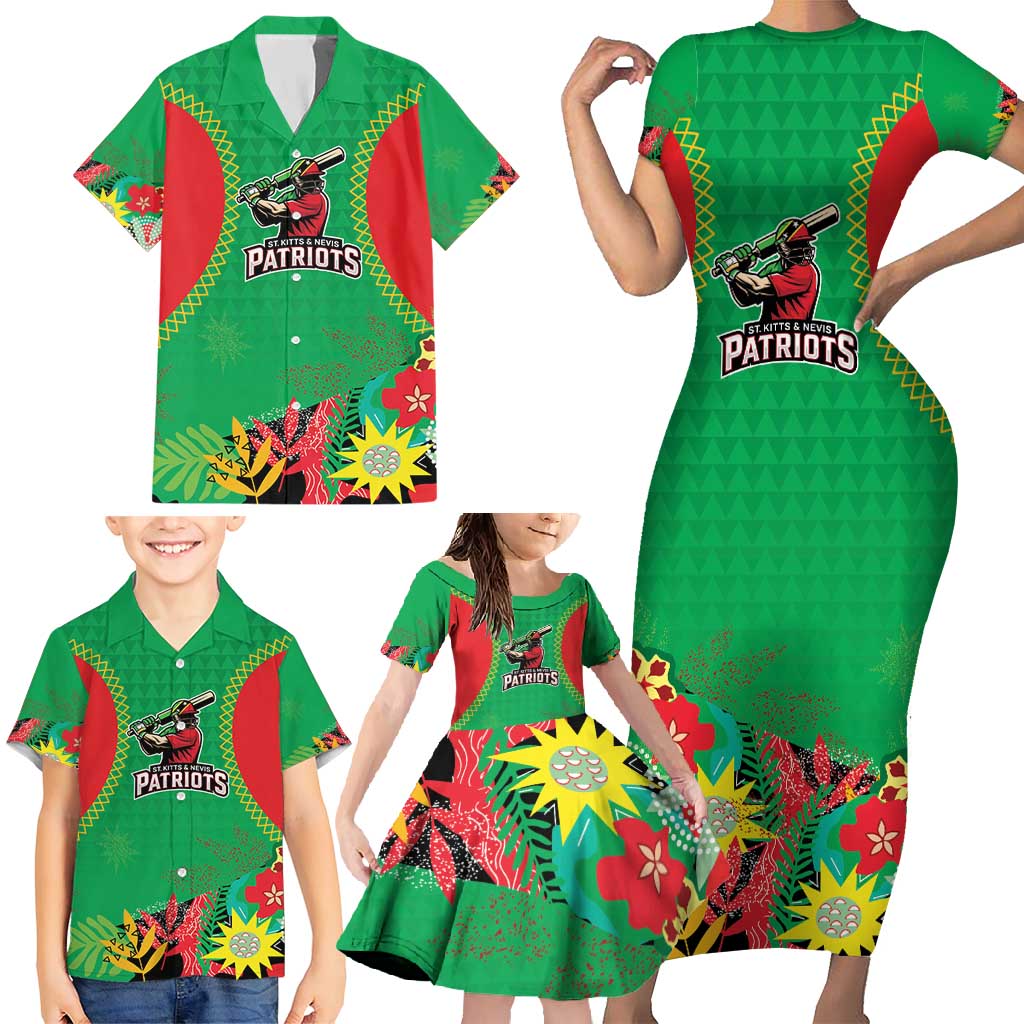 Custom Caribbean Cricket St Kitts and Nevis Family Matching Short Sleeve Bodycon Dress and Hawaiian Shirt Two Islands One Fire Patriots Crown 2025 - Green - Wonder Print Shop