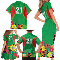 Custom Caribbean Cricket St Kitts and Nevis Family Matching Short Sleeve Bodycon Dress and Hawaiian Shirt Two Islands One Fire Patriots Crown 2025 - Green - Wonder Print Shop