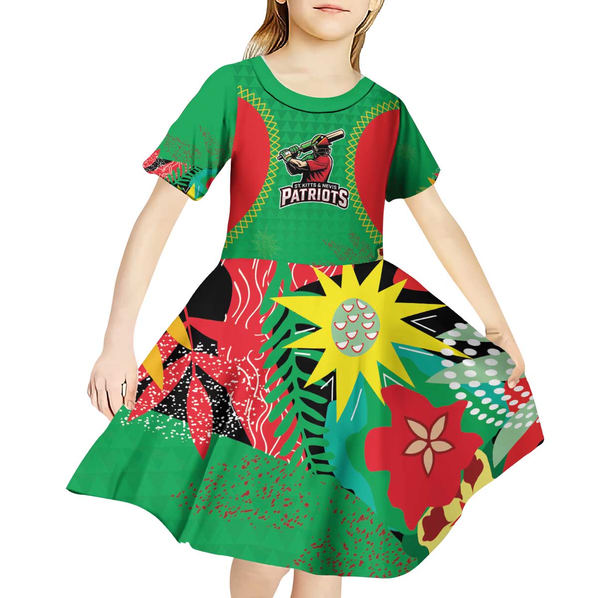 Custom Caribbean Cricket St Kitts and Nevis Kid Short Sleeve Dress Two Islands One Fire Patriots Crown 2025 - Green - Wonder Print Shop