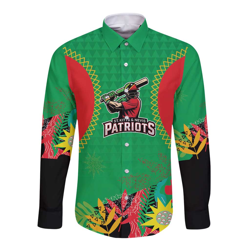 Custom Caribbean Cricket St Kitts and Nevis Long Sleeve Button Shirt Two Islands One Fire Patriots Crown 2025 - Green - Wonder Print Shop