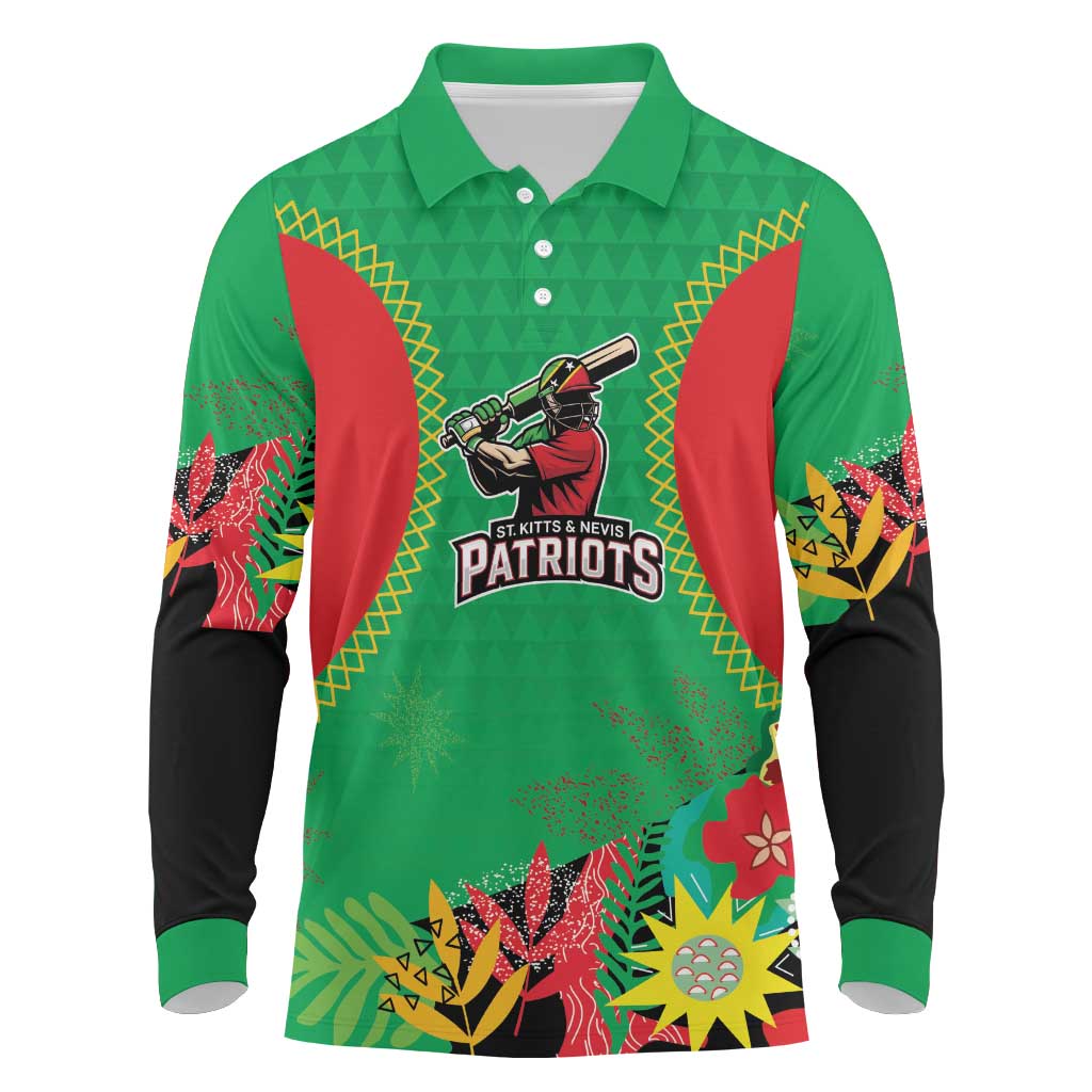 Custom Caribbean Cricket St Kitts and Nevis Long Sleeve Polo Shirt Two Islands One Fire Patriots Crown 2025 - Green - Wonder Print Shop