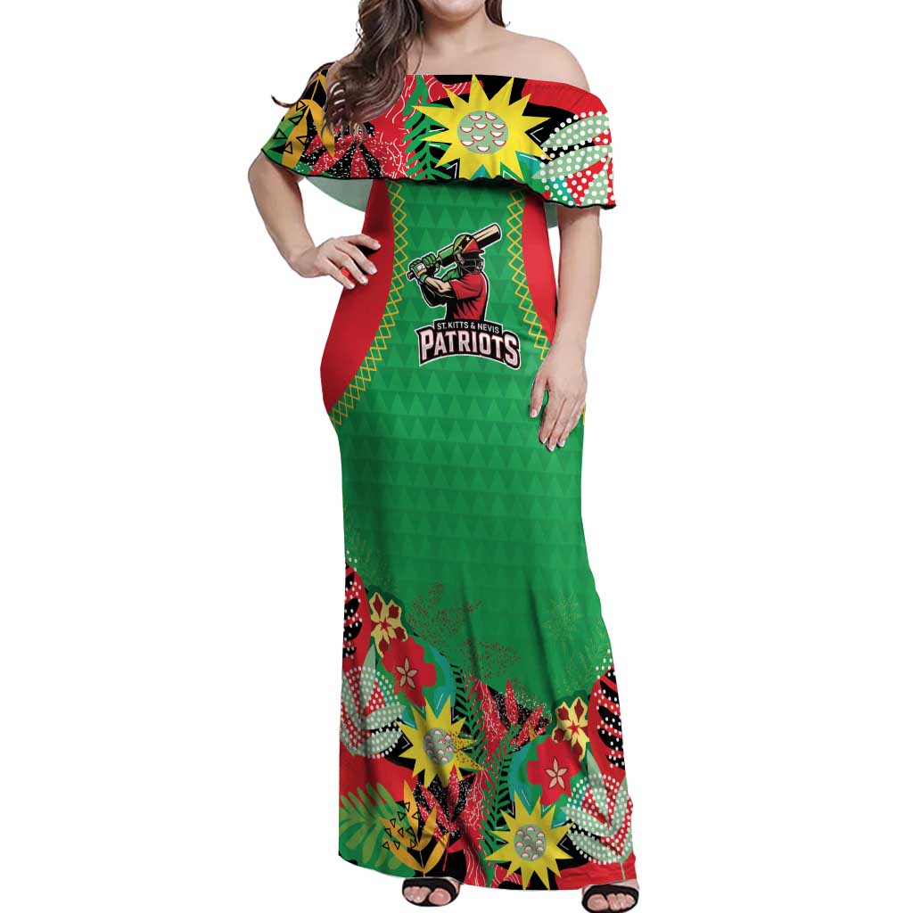 Custom Caribbean Cricket St Kitts and Nevis Off Shoulder Maxi Dress Two Islands One Fire Patriots Crown 2025 - Green - Wonder Print Shop