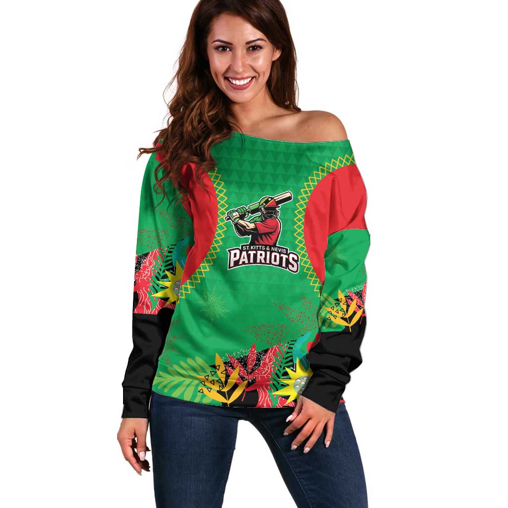 Custom Caribbean Cricket St Kitts and Nevis Off Shoulder Sweater Two Islands One Fire Patriots Crown 2025 - Green - Wonder Print Shop