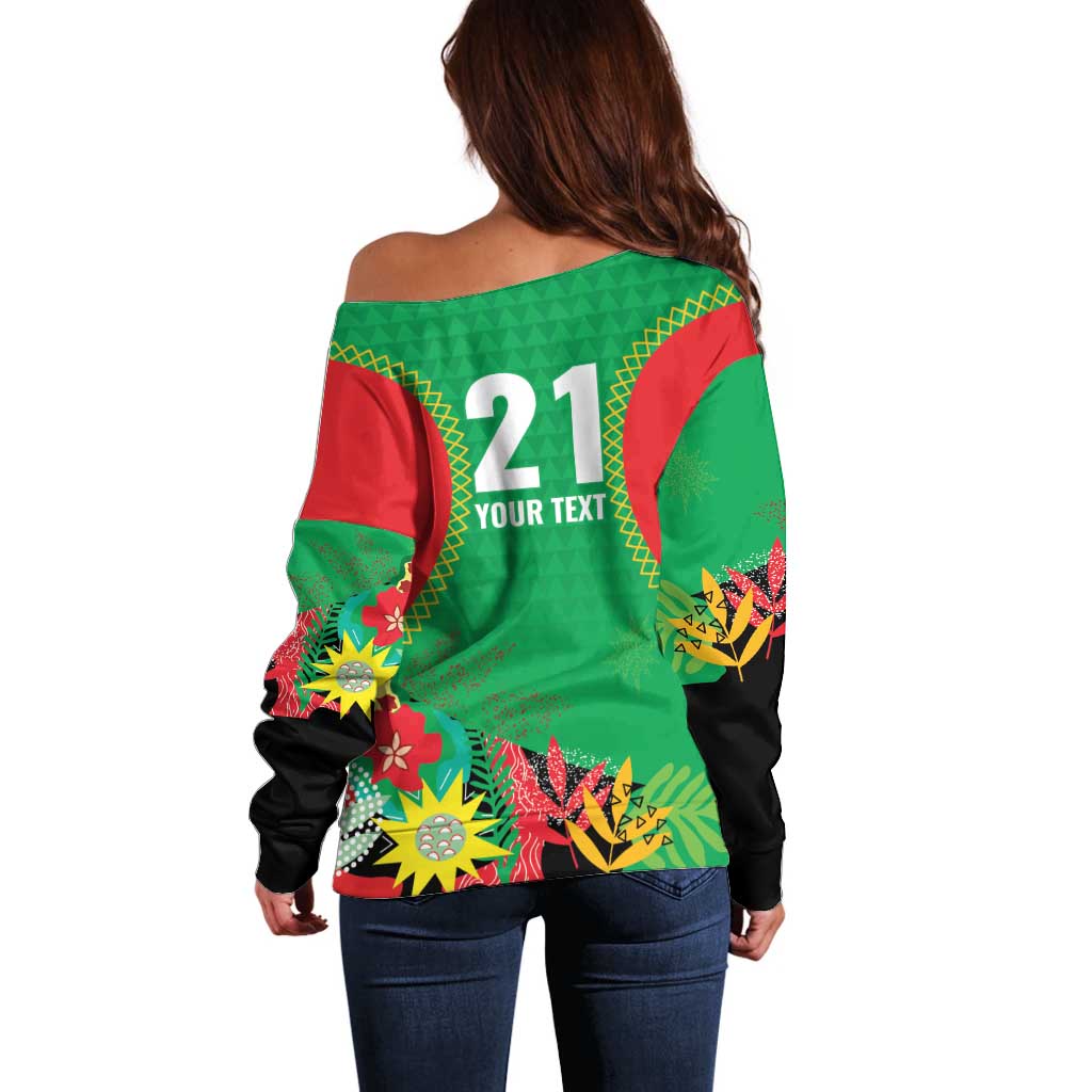 Custom Caribbean Cricket St Kitts and Nevis Off Shoulder Sweater Two Islands One Fire Patriots Crown 2025 - Green - Wonder Print Shop