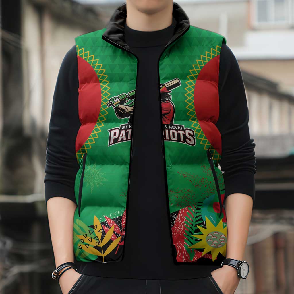 Custom Caribbean Cricket St Kitts and Nevis Sleeveless Puffer Jacket Two Islands One Fire Patriots Crown 2025 - Green - Wonder Print Shop