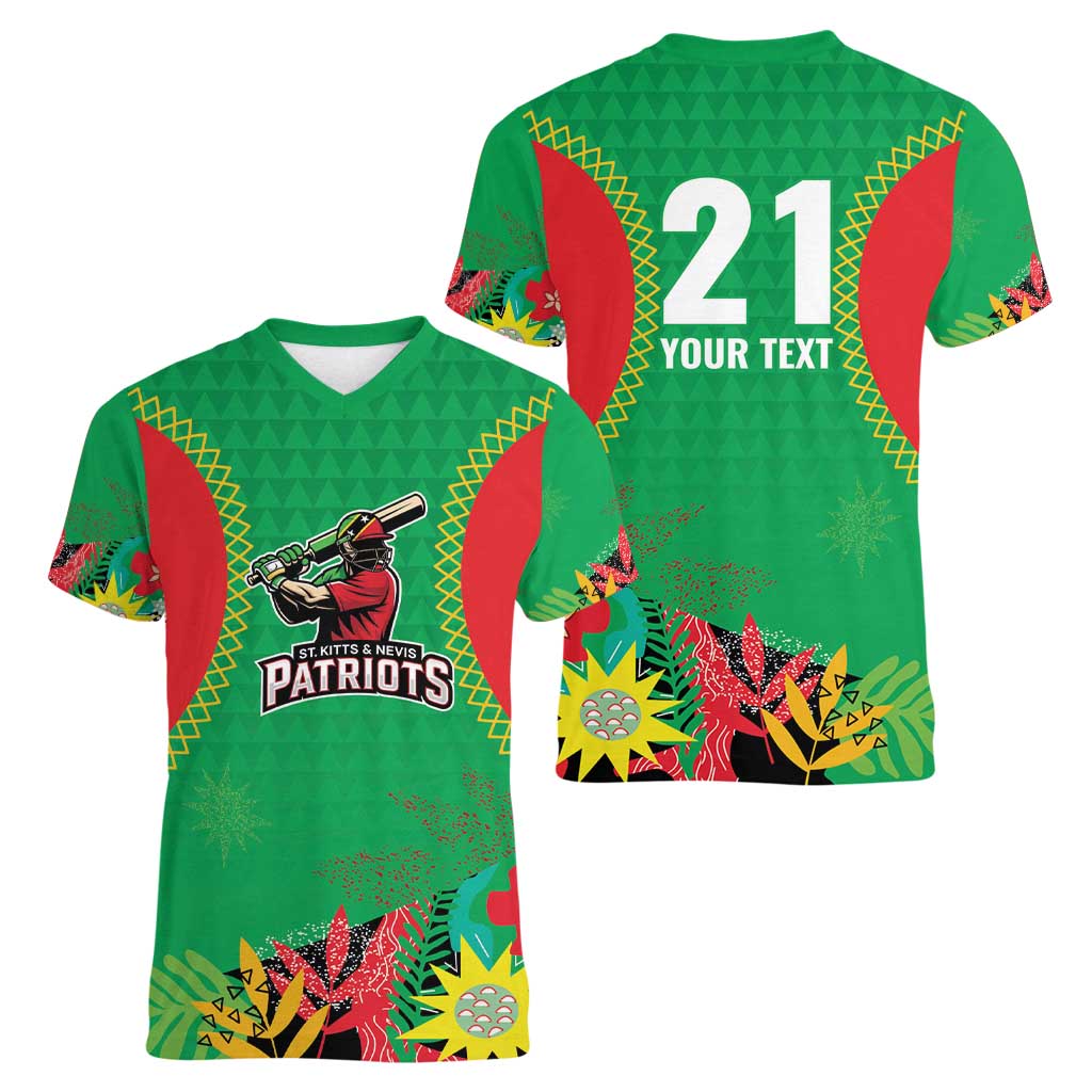 Custom Caribbean Cricket St Kitts and Nevis Women V-Neck T-Shirt Two Islands One Fire Patriots Crown 2025 - Green - Wonder Print Shop