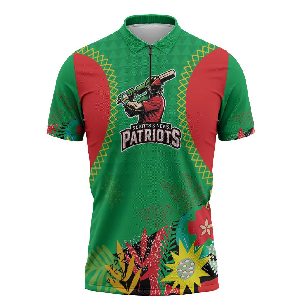 Custom Caribbean Cricket St Kitts and Nevis Zipper Polo Shirt Two Islands One Fire Patriots Crown 2025 - Green - Wonder Print Shop