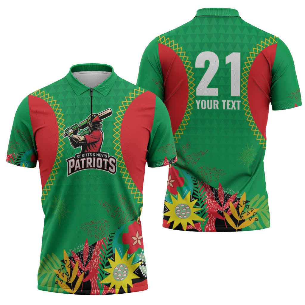 Custom Caribbean Cricket St Kitts and Nevis Zipper Polo Shirt Two Islands One Fire Patriots Crown 2025 - Green - Wonder Print Shop