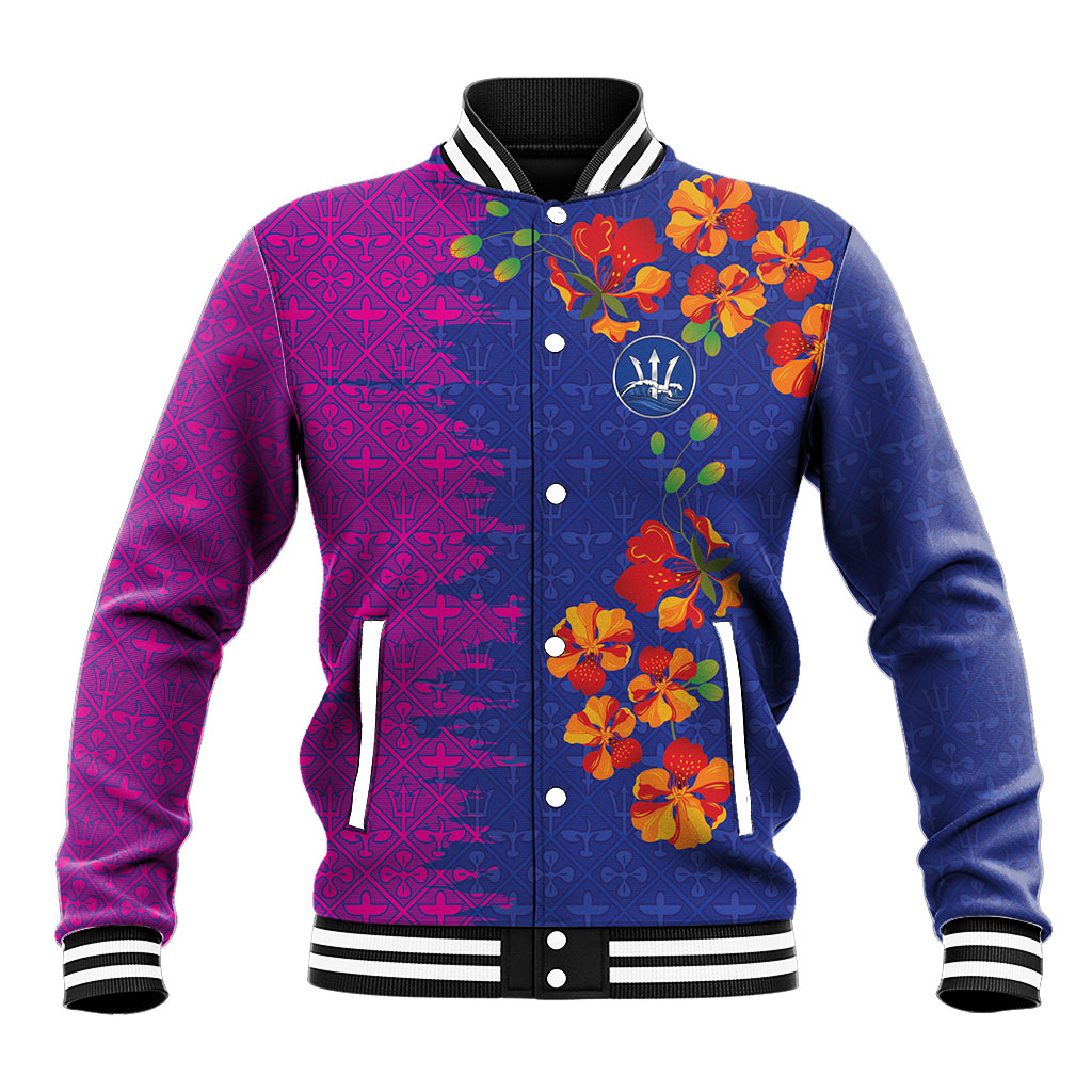Custom Women’s Cricket Barbados Floral Series Baseball Jacket Blue Pink Pride of Barbados