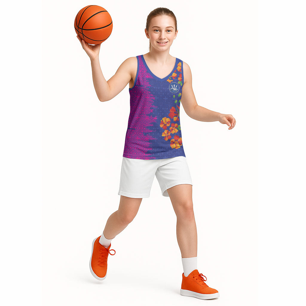 Custom Women’s Cricket Barbados Floral Series Basketball Jersey Blue Pink Pride of Barbados