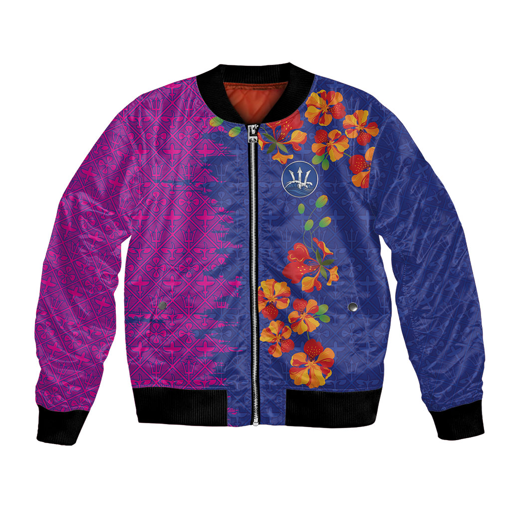 Custom Women’s Cricket Barbados Floral Series Bomber Jacket Blue Pink Pride of Barbados