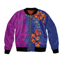 Custom Women’s Cricket Barbados Floral Series Bomber Jacket Blue Pink Pride of Barbados