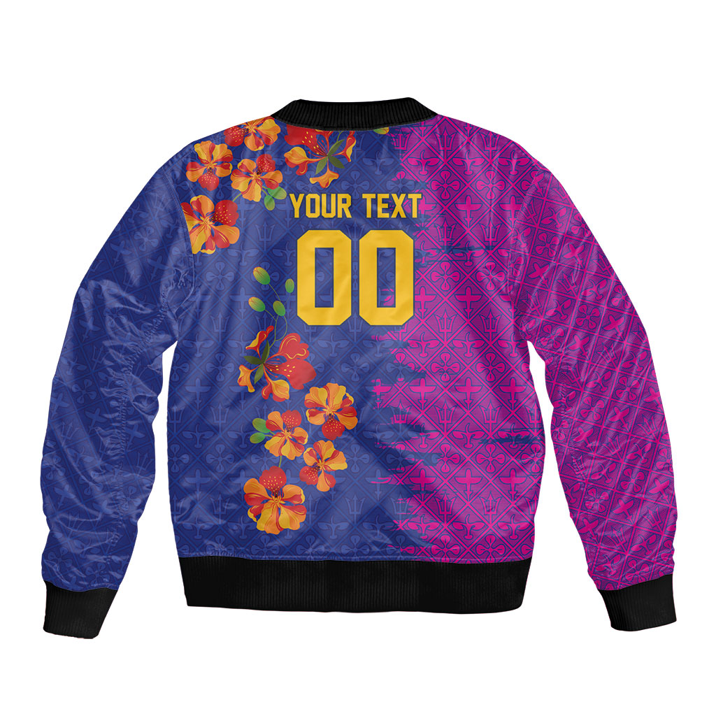 Custom Women’s Cricket Barbados Floral Series Bomber Jacket Blue Pink Pride of Barbados