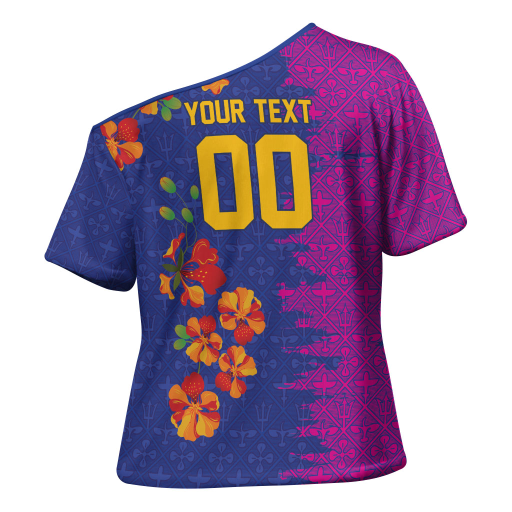 Custom Women’s Cricket Barbados Floral Series Cross Shoulder Shirt Blue Pink Pride of Barbados
