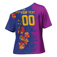 Custom Women’s Cricket Barbados Floral Series Cross Shoulder Shirt Blue Pink Pride of Barbados