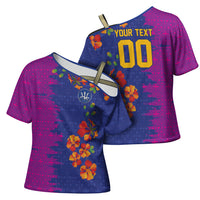 Custom Women’s Cricket Barbados Floral Series Cross Shoulder Shirt Blue Pink Pride of Barbados