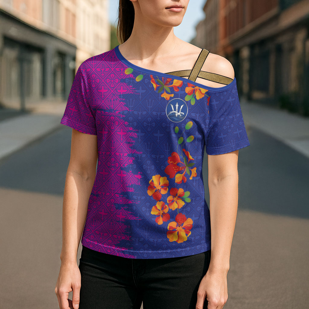 Custom Women’s Cricket Barbados Floral Series Cross Shoulder Shirt Blue Pink Pride of Barbados