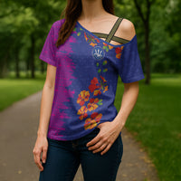 Custom Women’s Cricket Barbados Floral Series Cross Shoulder Shirt Blue Pink Pride of Barbados