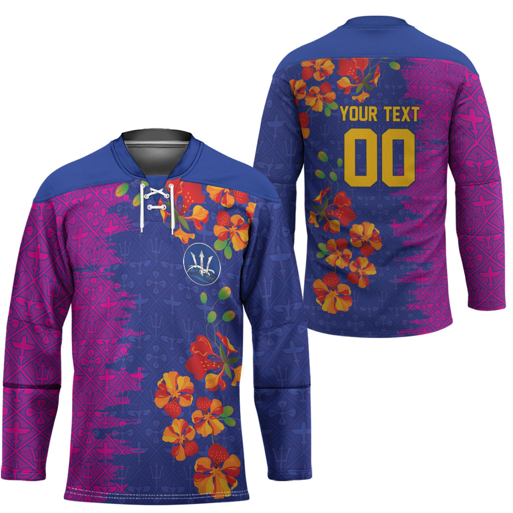 Custom Women’s Cricket Barbados Floral Series Hockey Jersey Blue Pink Pride of Barbados