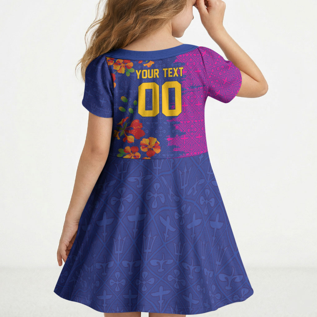 Custom Women’s Cricket Barbados Floral Series Kid Short Sleeve Dress Blue Pink Pride of Barbados