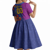 Custom Women’s Cricket Barbados Floral Series Kid Short Sleeve Dress Blue Pink Pride of Barbados