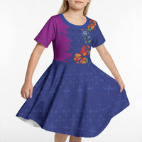 Custom Women’s Cricket Barbados Floral Series Kid Short Sleeve Dress Blue Pink Pride of Barbados