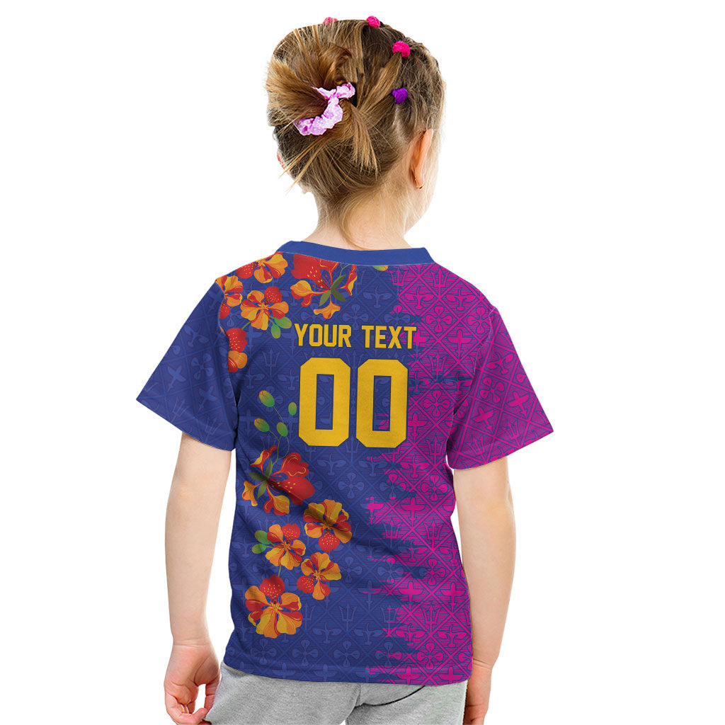 Custom Women’s Cricket Barbados Floral Series Kid T Shirt Blue Pink Pride of Barbados