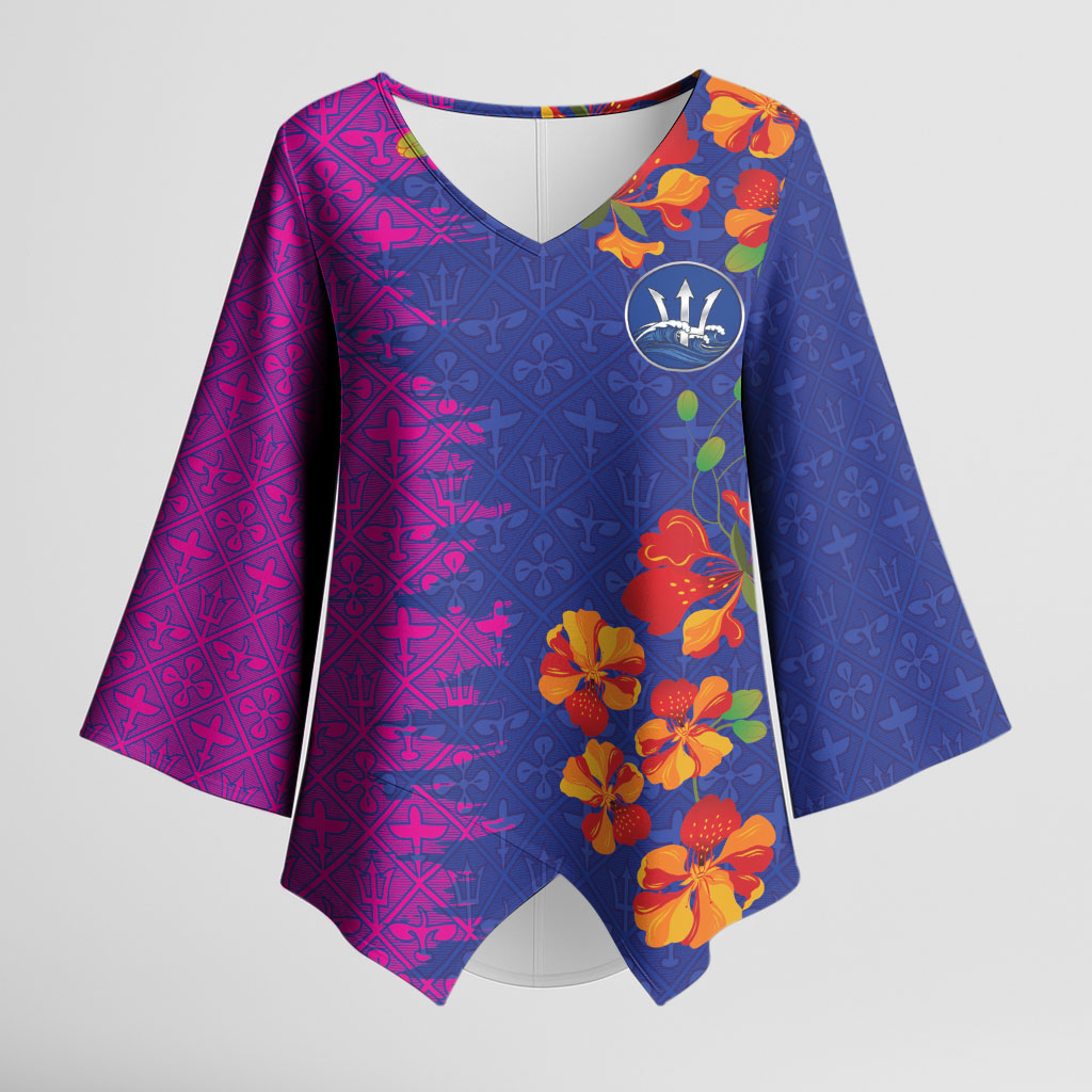 Custom Women’s Cricket Barbados Floral Series Kimono Sleeve Blouse Blue Pink Pride of Barbados