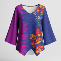 Custom Women’s Cricket Barbados Floral Series Kimono Sleeve Blouse Blue Pink Pride of Barbados