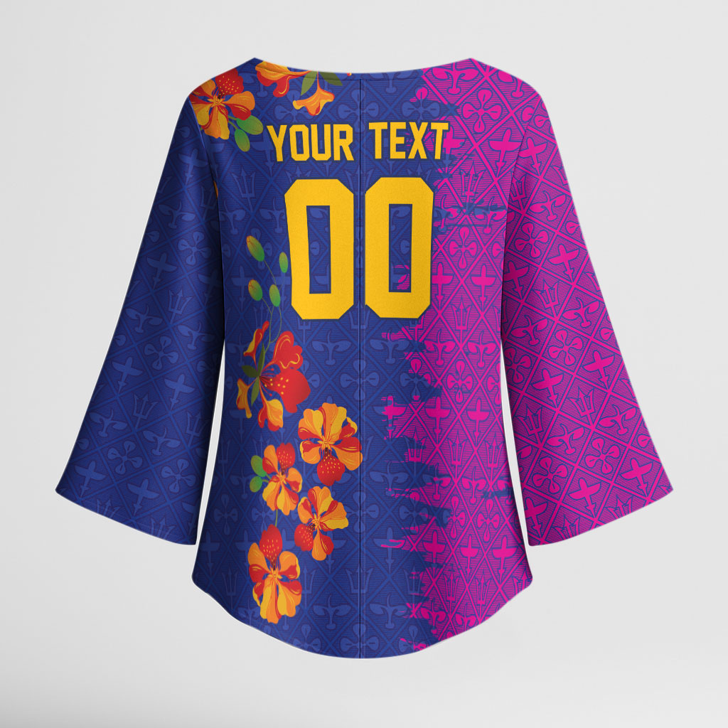 Custom Women’s Cricket Barbados Floral Series Kimono Sleeve Blouse Blue Pink Pride of Barbados