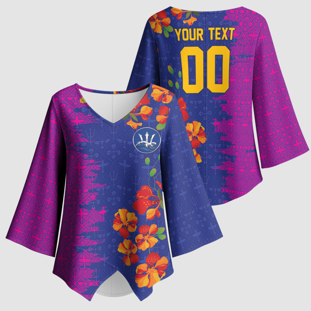 Custom Women’s Cricket Barbados Floral Series Kimono Sleeve Blouse Blue Pink Pride of Barbados