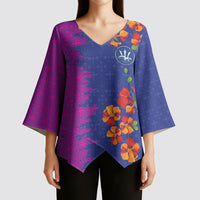 Custom Women’s Cricket Barbados Floral Series Kimono Sleeve Blouse Blue Pink Pride of Barbados